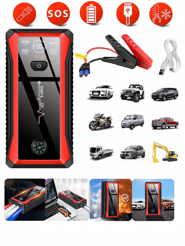 1pc Emergency Car Jump Starter, Portable Car Jump Starter Powerbank Jump Starter For 12V Vehicles Car Battery Starter Booster Charger Battery Power Bank Wireless Power Bank Temperature Compensation For Car,Truck,Motorcycle,Lawn Mower,