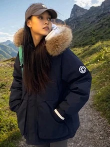 Áo khoác trùm đầu thời trang dài vừa phải dày ấm áp có dây rút khóa kéo cho nữ - màu đen - Xem 1