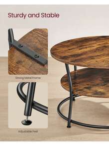 VASAGLE Coffee Table, Round Cocktail Table With Shelf, Tea Table, Easy Assembly, Metal, Industrial Design, Rustic Brown - Brown - View 2