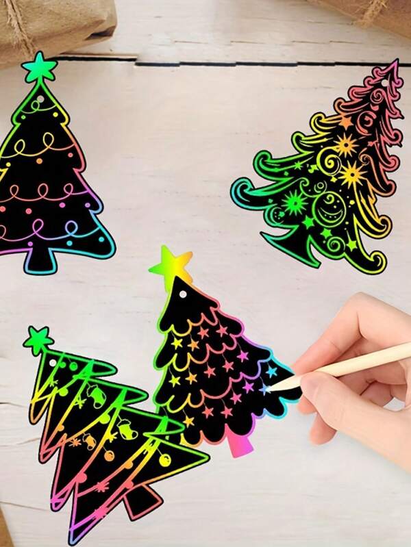56pcs/28pcs (24pcs/12pcs Cards + 24pcs/12pcs Colorful Strings + 8pcs/4pcs Wooden Tags) Scratch Art Set, Rainbow Doodle Drawing Cards, Scratch Paper, Suitable For Christmas Tree Decorations, DIY Crafts, Holiday Toys
