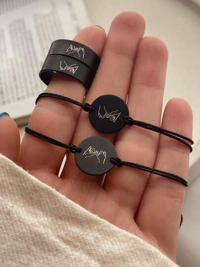 4 件套时尚简约风格情侣手链和戒指首饰套装，送给女性的礼物，适合生日、度假、派对和日常搭配