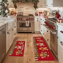 1/2pcs Christmas Kitchen Rugs - Soft, Absorbent, Anti-Slip, Stain Resistant, Machine Washable Memory Foam Floor Mats With Festive Gingerbread & Candy Cane Design - Handmade, Decorative, Seasonal, Polyester Rugs For Home, Office, Laundry, Bathroom