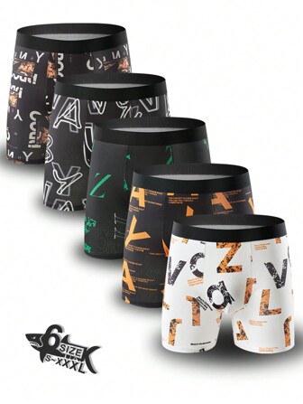 5 条装男士个性化字母涂鸦舒适柔软抗菌内裤时尚长腿男士平角内裤
