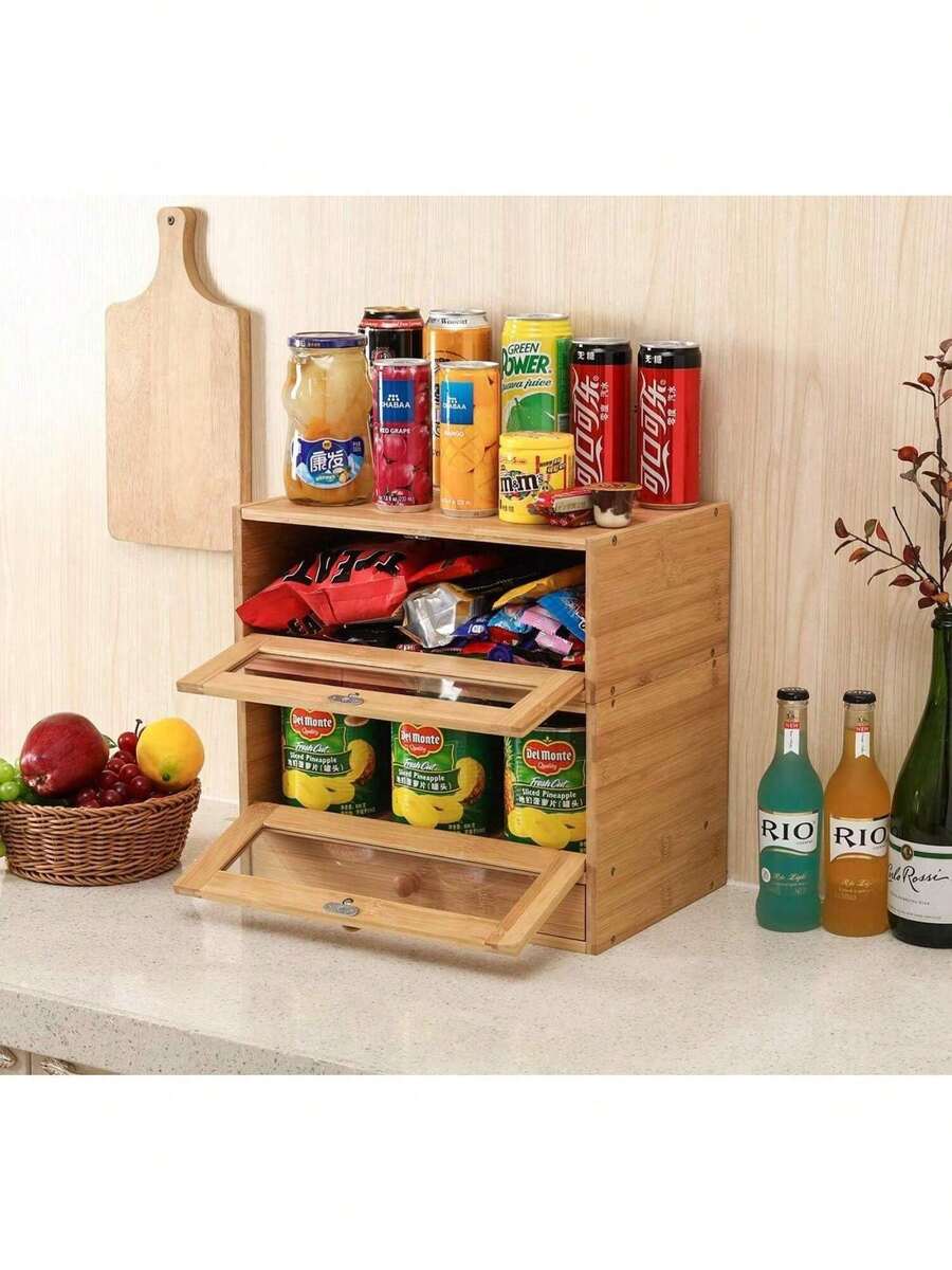 Bread Box For Kitchen Countertop Removable 2 Layer Natural Bamboo Bread