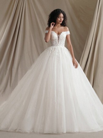 Glitter Ball Gown Wedding Dress Off The Shoulder Shinny Lace Bridal Gown,Bride