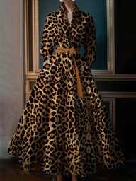 Women's Elegant Leopard Print Stand Collar Oblique Pocket Long Sleeve Belted Dress