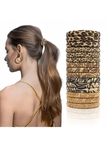 15 PCS 休闲简约豹纹发带，高弹力，适合秋冬季。不伤发质，适合女士和女孩在日常生活中扎马尾辫。 - 彩色 - 查看 2