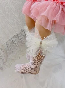 小女童蝴蝶結和人造珍珠裝飾高筒襪 - 白色 - 查看 5