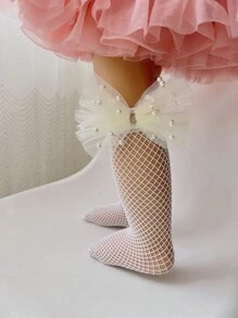 小女童蝴蝶結和人造珍珠裝飾高筒襪 - 白色 - 查看 2