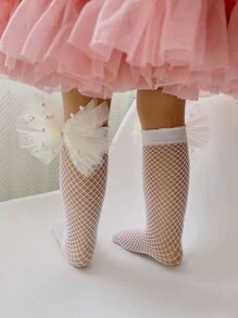 小女童蝴蝶結和人造珍珠裝飾高筒襪 - 白色 - 查看 3