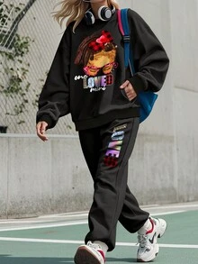 秋冬必备圆领羊毛内衬保暖套装。圆领羊毛两件套运动服。圆领羊毛卫衣运动裤套装。秋冬户外运动新选择。羊毛内衬，温暖柔软。居家外出都适用。冬季保暖。欧美风卫衣套装。户外跑步两件套卫衣运动裤套装。简约编织小女孩最爱印花 - 黑色 - 查看 4