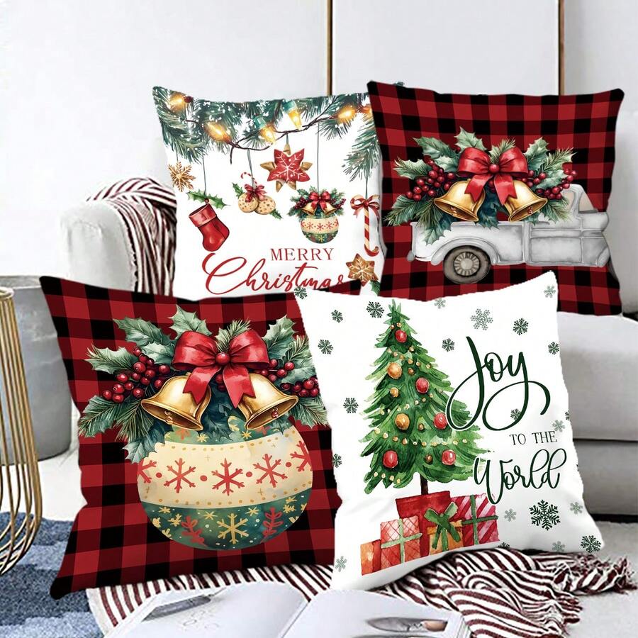 4 piezas/1 pieza Funda de cojín con estampado de cuadros escoceses para decoración navideña, decoración del hogar y fiesta de Navidad para sofá - Multicolor - Ver 1