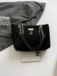 新款哑光皮革手提包，鹿金属装饰和天鹅绒设计，大容量休闲单肩包 - 黑色 - 查看 5