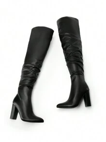 Women's Chunky Heel Pointed Toe Over-Knee-High Boots With Side Zipper Closure And Wrinkled Design For Autumn/Winter, Match Any Wearing And Occasion - 黑色 - 查看 8