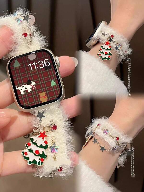 1st nieuwste pluchen kerst-element Apple Watch-band, verstelbare maatketting met sterglitterontwerp, compatibel met Apple Watch-serie, een geweldig kerstcadeau
