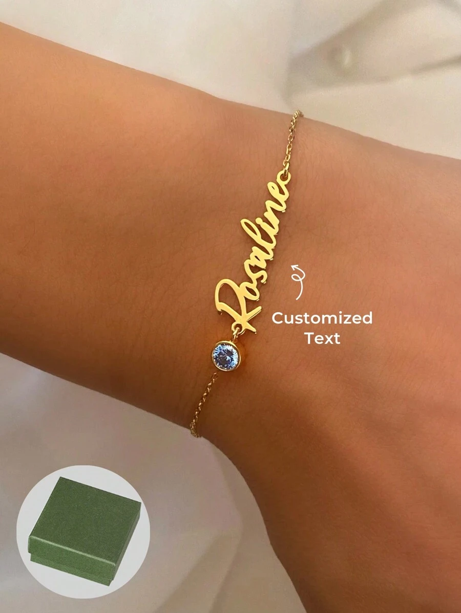 1pc Birthstone Bracelet, Personalized Birthstone Name Bracelet, Custom Birthstone Bracelet, Custom Name Bracelet, Personalized Initial Bracelet, 18K Gold Plated Jewelry, Comes With Elegant Gift Box. - Gold - View 1