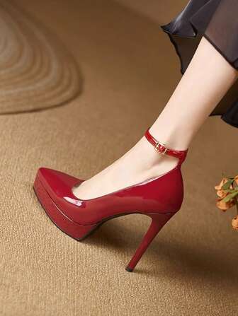 女式高跟鞋，厚底，踝带，细高跟，颜色：粉色、杏色、裸色、酒红色、黑色、白色、红色、银色、金色、时尚皮革