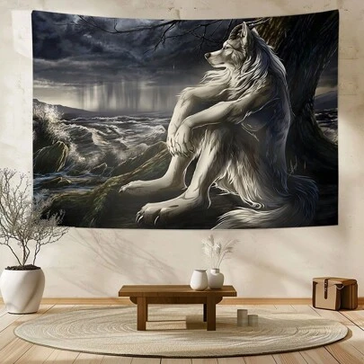 1 pieza de tapiz con estampado de lobo alfa sigma beta divertido, tapiz de pared interior de lobo blanco sentado triste, decoración mural de tapiz para el hogar, pinturas decorativas de tapiz
