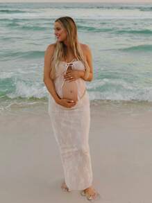 Conjunto de 2 piezas de top bandeau de encaje y falda calada para maternidad, adecuado para sesiones de fotos y baby shower - Beis - Ver 1