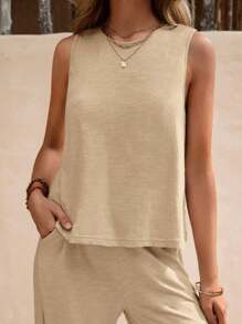 Women's Loose Set, Round Neck And Sleeveless - 米色 - 查看 2