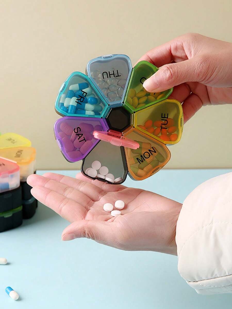 1pc Weekly 7-Compartment Petal Pill Box Sub-Packaging Box, 7-Day Flower-Shaped Sub-Compartment Capsule Pill Box Portable Carry-On - Multicolor - View 1