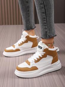 女士百搭高帮运动训练鞋，四季休闲运动鞋，秋冬款式，白色/黑色/绿色/黄色/红色/棕色防滑轻便运动鞋，厚底运动鞋，圆头系带女鞋，适合派对、日常穿着、学生礼物 - 卡其色 - 查看 4