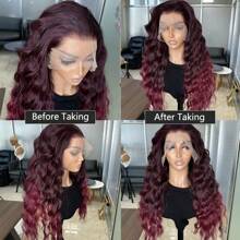 1B Burgandy Ombre 13x6 Tóc giả ren tổng hợp phía trước cho phụ nữ 22 inch sóng dài không keo Kanekalon Tóc giả tổng hợp chống tóc Phần miễn phí 150% Mật độ cho thời trang Phụ nữ Cô gái Tiệc tùng Kỳ nghỉ Trang điểm Sử dụng Hàng ngày - Màu dương cầm - Xem 9