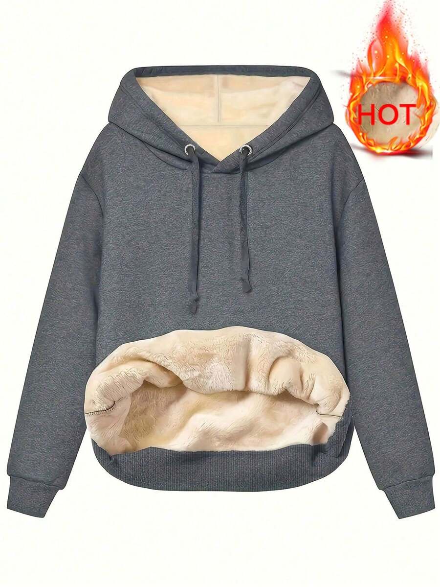 New European And American Style Women Solid Color Long Sleeve Fleece Hoodie, Autumn/Winter,Long Sleeve Tops - Dark Grey - View 1