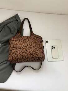 MINGHONG 1 peça Bolsa Tote com Estampa de Leopardo da Moda, Casual, Versátil, Grande Capacidade, Bolsa de Ombro para Deslocamento, Namoro, Compras, Outono/Inverno - Castanho Café - Ver 4