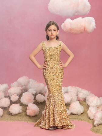 Tween Girl Stunning Girls' Sequin Floor-Length Party Dress: Sleeveless Square Neckline, Perfect Fit Snug Fit Design, Sparkle & Shine For Special Occasions (Birthday/Ballet Recital/Wedding Guest)