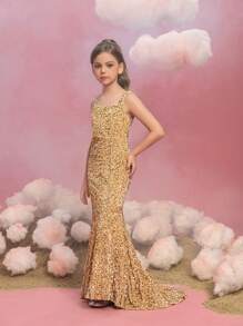 Tween Girl Square Neck Sleeveless Sequin Mermaid Formal Dress