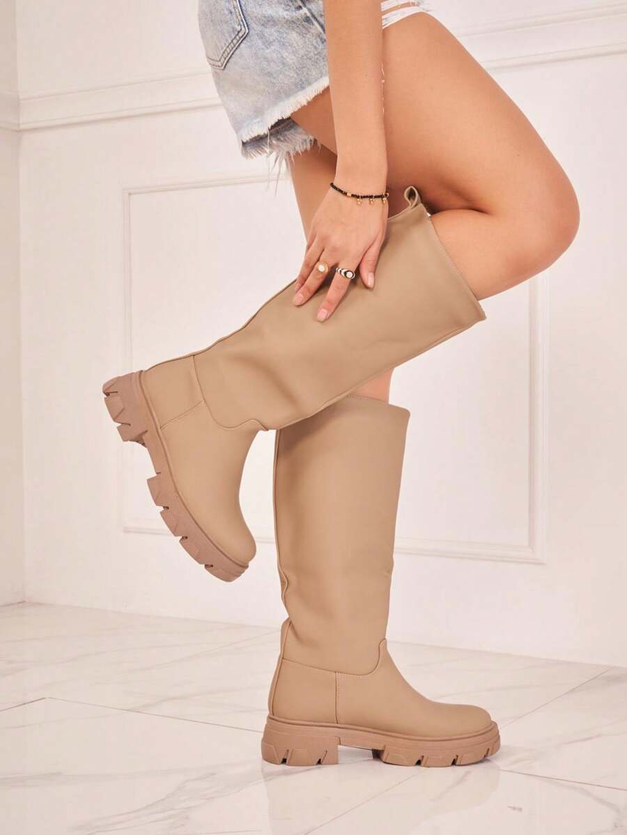 Beige Chunky Knee-High Boots – Modern Urban Style And Comfort Guaranteed - Apricot - View 1