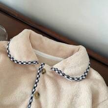 2 件装少女格子边饰蓬松面料翻领长袖睡衣套装，配有松紧腰带抽绳裤 - 米色 - 查看 3