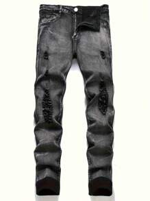 Blugi din denim pentru bărbați, cu elasticitate învechită, slim fit, ocazional, ținută de zi cu zi - Negru - Vizualizare 1