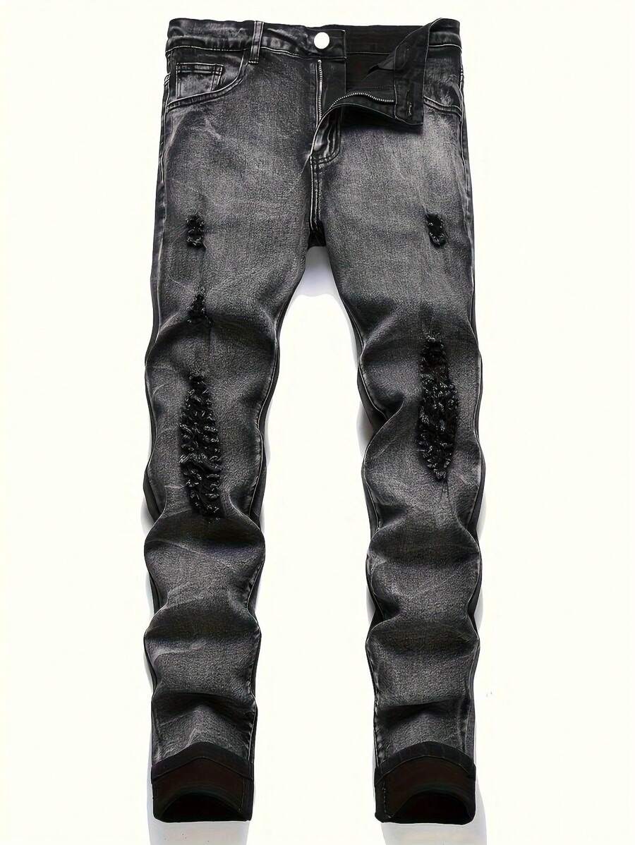 Blugi din denim pentru bărbați, cu elasticitate învechită, slim fit, ocazional, ținută de zi cu zi - Negru - Vizualizare 1
