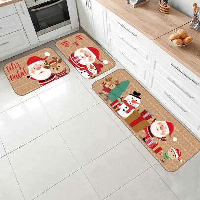 kit Jogo Tapetes para Cozinha Antiderrapante 3 pçs Tamanho Grande Estampa Equipe Natalina