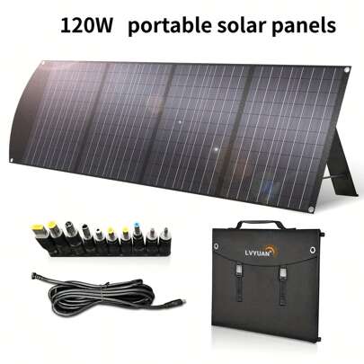 120 Watt Portable Solar Panel With Adjustable Rack, Foldable, For RV, Outdoor, Camping, Tablet, Blackout