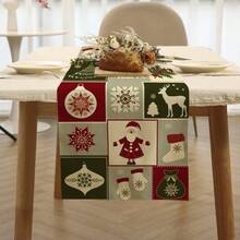 1 件圣诞桌旗，冬季节日亚麻桌旗，驯鹿圣诞老人袜子和冬青设计，适合家庭、餐厅、餐桌装饰，13"X72"/33 厘米 * 183 厘米 - 彩色 - 查看 3