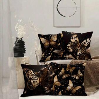 4pcs Linen Butterfly Pattern Pillow Cover Set, Comfortable Home Pillow Sham For Living Room & Bedroom Sofa Decor