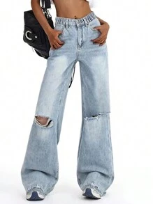 Teen Girl Loose Fit Distressed Wide Leg Jeans, Casual &