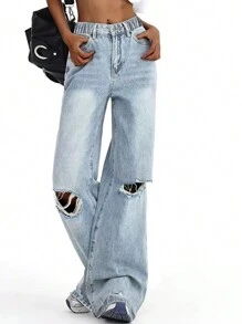 Teen Girl Loose Fit Distressed Wide Leg Jeans, Casual &