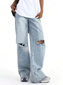 Teen Girl Loose Fit Distressed Wide Leg Jeans, Casual &