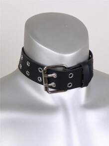 Black Punk Street Personalized Fashion Necklace With Double Pin Buckle Halloween Baddie Outfits Night Out Collar - Black - View 4