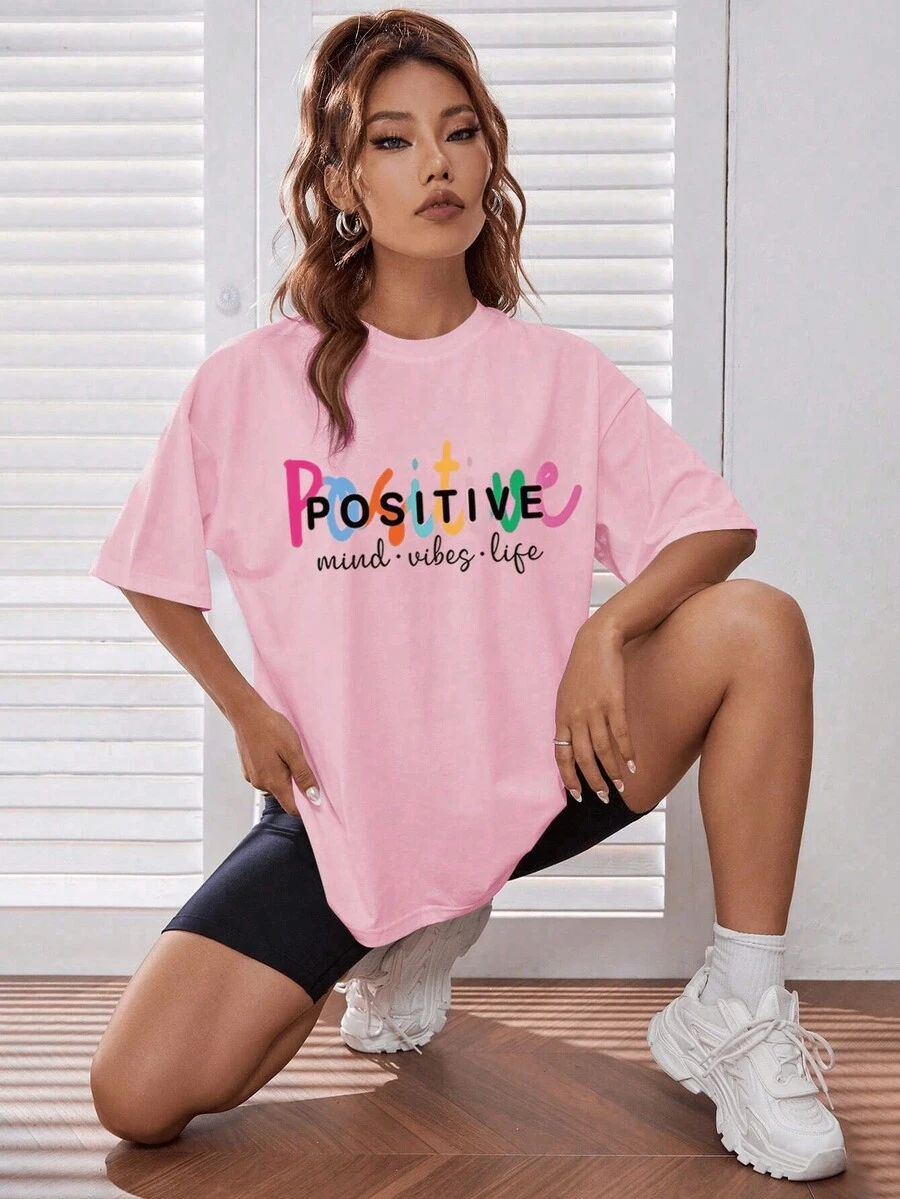 MURAMASA Camiseta de hombros caídos con estampado de slogan - Rosa - Ver 1
