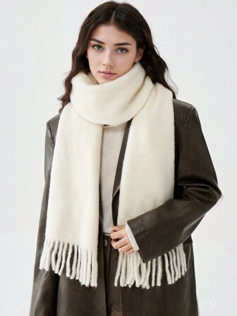 1 件女士多色长款仿羊绒和毛皮围巾，时尚简约优雅百搭保暖柔软流苏厚围巾披肩适合户外活动、旅行或购物休闲装配饰女士