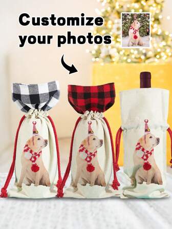 1 st anpassad julfoto-rödvinspåse med dragsko, personlig presentpåse med jultema och vinflaska, återanvändbar tryckt presentpåse, flaskdekoration, julbordsdekoration, presentpåse med rödvin för högtider, elegant linneförvaring för julklappar, lämplig för jul, bröllop, halloween