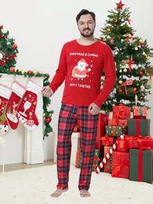 2 peças/Conjunto Pijamas Combinando para Família de Natal Masculina, Parte de Cima de Manga Longa e Calça em Estampa Xadrez Adorável de Cervo, Roupa de Estar em Casa Aconchegante para a Família