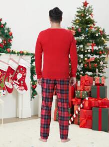 2 peças/Conjunto Pijamas Combinando para Família de Natal Masculina, Parte de Cima de Manga Longa e Calça em Estampa Xadrez Adorável de Cervo, Roupa de Estar em Casa Aconchegante para a Família