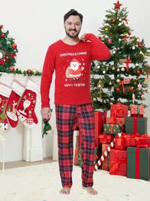 2 peças/Conjunto Pijamas Combinando para Família de Natal Masculina, Parte de Cima de Manga Longa e Calça em Estampa Xadrez Adorável de Cervo, Roupa de Estar em Casa Aconchegante para a Família