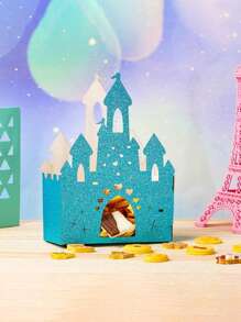 6 piezas/paquete Caja de papel con forma de castillo para regalo de fiesta, caja hueca para favor de cumpleaños - Azul - Ver 3